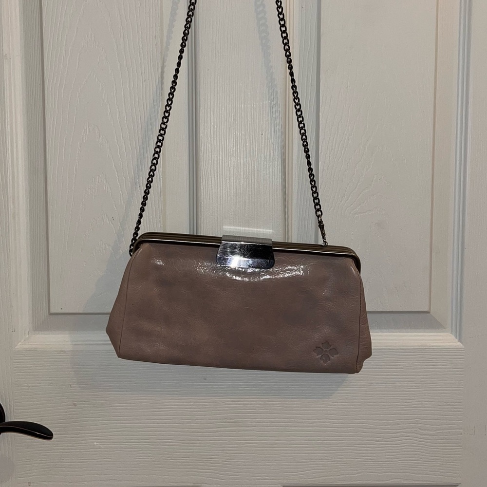Patricia Nash Gray Leather Clutch with Chain Shoulder and Tan Suede Interior
